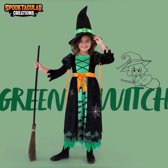 Green Witch Costume for Girls, Evil Fairytale Witch Costume Deluxe Set w Hat NEW - Picture 2 of 7